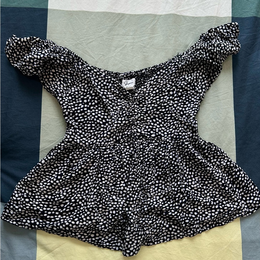 Japra Off-Shoulder Polka Dot Navy Blouse